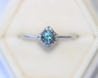 Mini Vintage Style Inspired Teal Natural Montana Sapphire Delicate Flower Ring