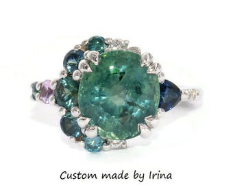 Custom-made Ombré Teal Blue Green Natural Sapphires Cluster Engagement Ring SETTING ONLY
