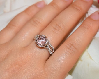 Interwoven Diamond Halo Morganite Engagement Ring and Nesting Wedding Band Set