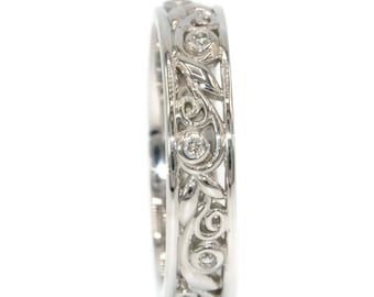 Nature Inspired Leaf Vine Scroll Pattern Diamond Wedding Eternity Ring