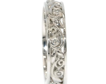 Leaf Vine Scroll Pattern Wedding Eternity Ring, Diamond Nature Inspired Rustic Boho Eternity Band