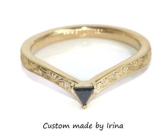 Hand Engraved Trillion Black Natural Diamond Flair Ring