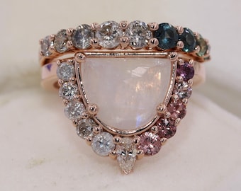 Rose Cut Moonstone Ombre Cluster Engagement and Wedding Rings Set
