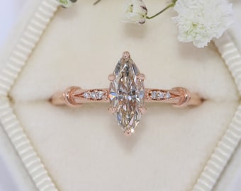 Marquise Natural Diamond Edwardian Inspired 14k Rose Gold Engagement Ring