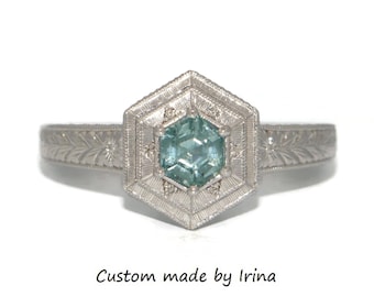 Hand Engraved Hexagon Unheated Natural Montana Sapphire Ring 10k solid gold