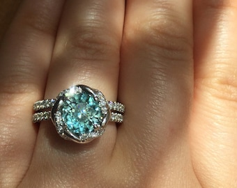Custom Made 3 carat Rope Diamond Halo Engagement and Wedding Bridal Rings Set 14k Solid Gold