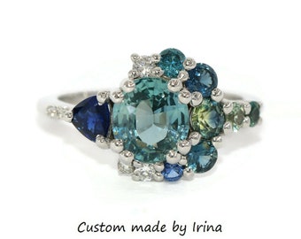 2 carat GIA Certified Ombré Teal Blue Green Cluster Montana Sapphire Engagement Ring