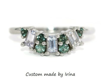 2 carat Teal Round and White Baguette Natural Sapphires Curved Custom-made Ring