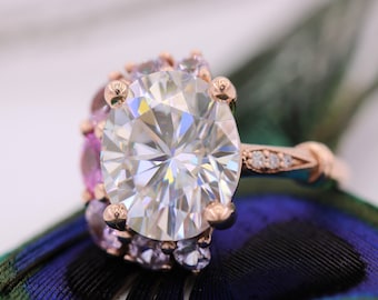 5 carat IGI Certified Lab Diamond Ombre Cluster Half Moon Halo Engagement Ring Designed by Irina