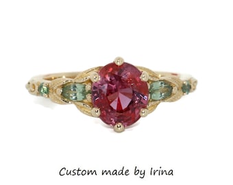 Custom Made 1.8 ct Sunset Pink Natural Sapphire Vine Leaf Ring 14k Solid Gold