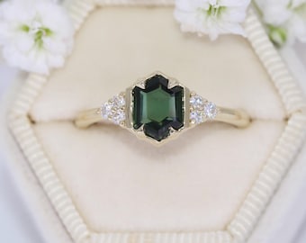 1 carat Hexagon Green Natural Sapphire and Diamonds Engagement Ring