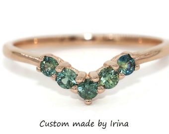 Flair Teal Blue Green Ombre Sapphires V Shape Wedding Ring