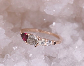 Rubellite Tourmaline and Gray Diamond Rose Gold Cluster Ring by Irina