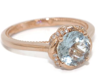 Custom Made Natural Aquamarine Rope Diamond Halo Engagement Ring