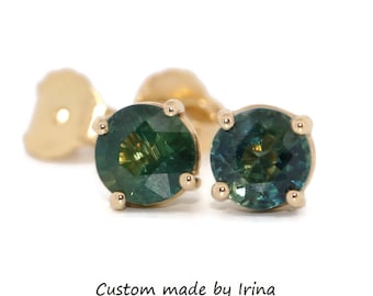 1.32 ct Green Blue Bi-color Sapphire Stud Earrings 14k Yellow Gold: Ready to ship