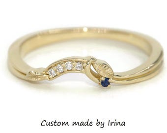 Engraved Leaves Intricate Wedding Ring with Natural Diamonds and Sapphire