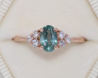 1 carat Oval Teal Blue Green Montana Sapphire Engagement Ring Custom Made