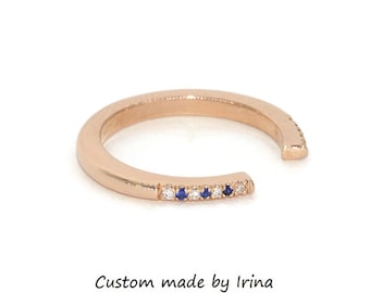 Open Cuff Mini Ring with Alternating Natural Diamonds and Natural Sapphires 14k Solid Gold