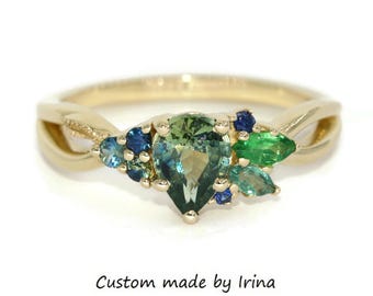 1 carat Blue Green Pear Natural Sapphire Ombre Cluster Ring