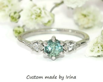Kite Natural Diamond and Teal Green Montana Sapphire Engagement Ring