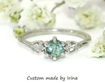 Kite Diamond and Teal Green Montana Sapphire Ring