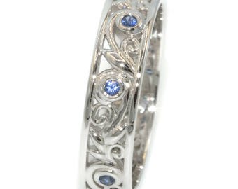 Natural Sapphires Vine Leaf Scroll Filigree Lace Eternity Ring Custom Made