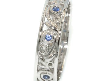 Vine Leaf Scroll Filigree Lace Eternity Ring with Natural Sapphires