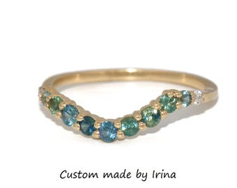 Blue Green Ombre Cluster Sapphires and Diamonds Curved Wedding Band