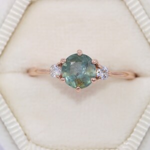 Rustic 3 Stone Montana Sapphire Engagement Ring, Teal Unheated Montana Sapphire Ring, Pastel Sapphire Ring