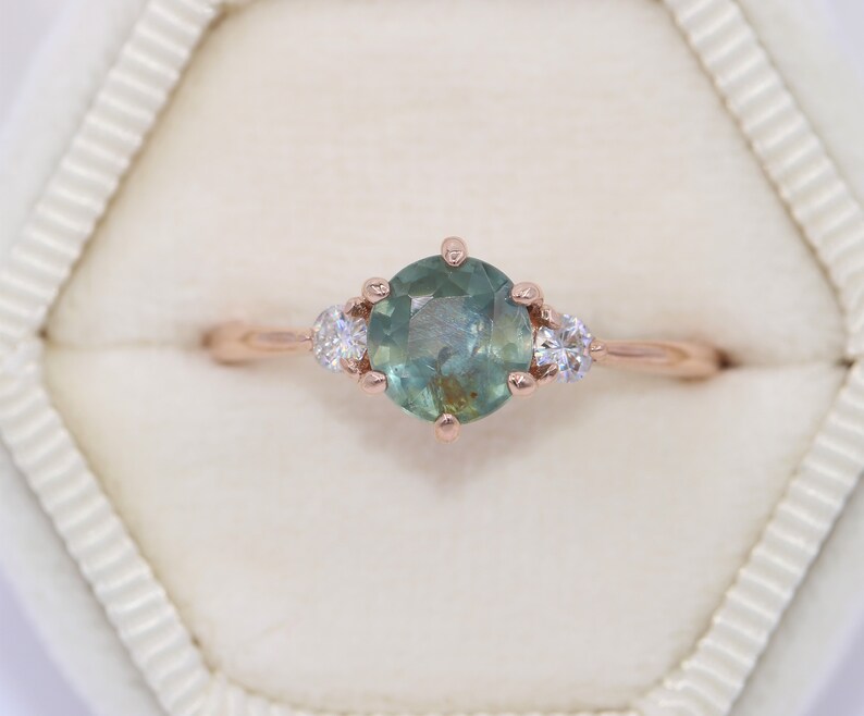 Rustic 3 Stone Montana Sapphire Engagement Ring, Teal Unheated Montana Sapphire Ring, Pastel Sapphire Ring