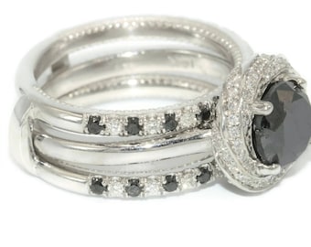 1.5 carat Black Natural Diamond Flower Halo Engagement Ring with Wedding Ring Jacket