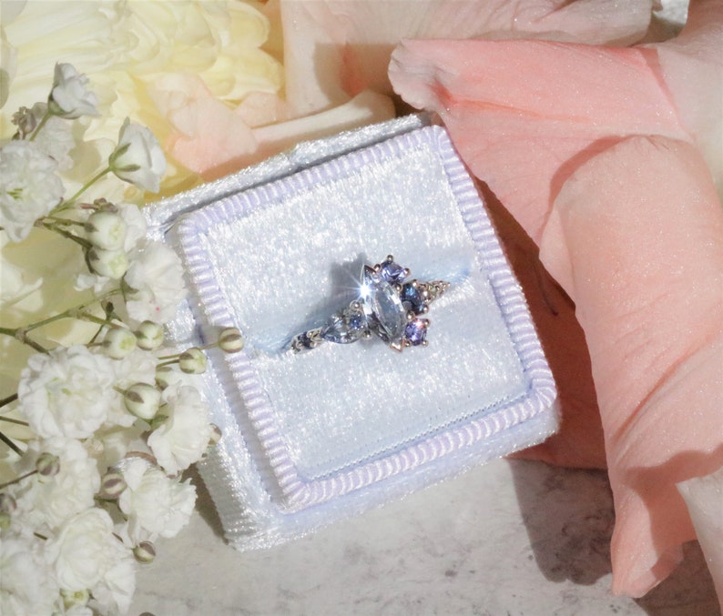 One Of A Kind Light Teal Blue Sapphire Cluster Engagement Ring, Pastel Blue Marquise Sapphire Multi Color Ombre Ring image 6