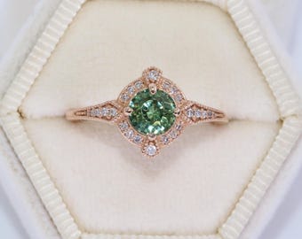 Low Profile Edwardian Style Inspired Green Natural Sapphire Ring