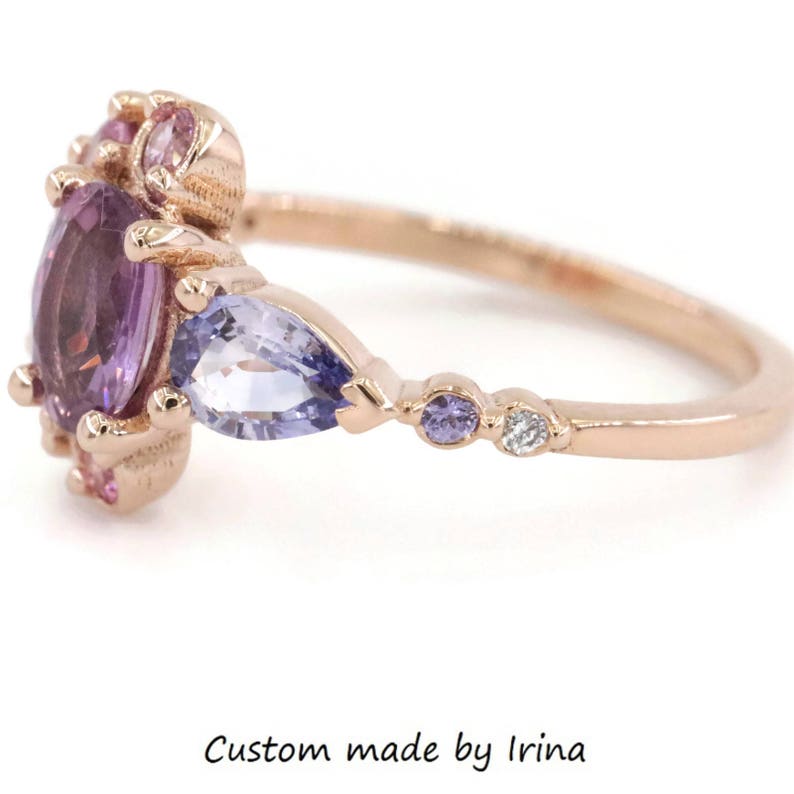 Rare and unique One Of A Kind Ombre Cluster 1 carat Oval Pink Sapphire Ring with Celestial Half-Moon Crescent Halo