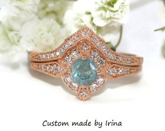 Pastel Blue Natural Sapphire Edwardian Inspired Engagement Rings Set