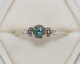 Teal Blue Green Round Montana Sapphire and Kite Diamonds 3 stone Ring with Vintage Inspired Details