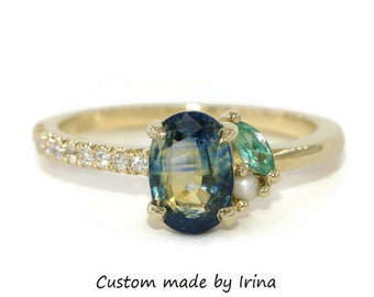 1.3 carat Blue Green Natural Sapphire + Alexandrite + Pearl Cluster Asymmetrical Engagement Ring