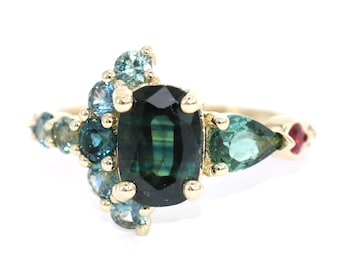 Oval Green Sapphire Boho Cluster Engagement Ring, One Of A Kind Half-Moon Ring, Crescent Ring, 2 carat Sapphire + Indicolite Tourmaline Ring