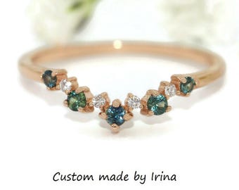 Blue Green Natural Sapphires and Diamonds Curved Cluster Wedding Band Custom Made