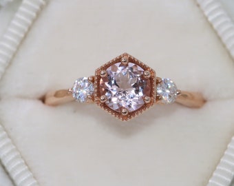 Custom Made Three Stone Hexagon Pink Morganite Ring