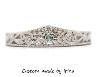 Flair Custom Lace Filigree Scrollwork Diamond + Emerald Wedding Band 14k Solid Gold
