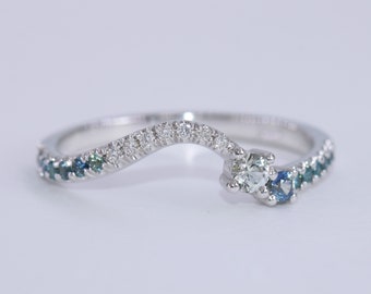 Wave Ombre Custom Ring with White + Teal Blue Natural Diamonds