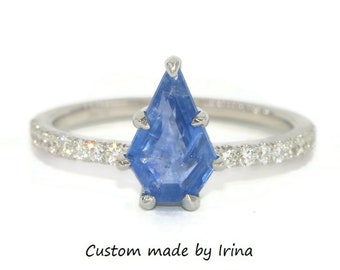 1.5 carat Shield Blue Sapphire Engagement Ring with Diamond Pave Shank 14k White Gold