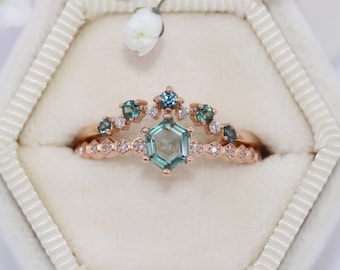 Hexagon Montana Sapphire Ring with Honeycomb Shank 14k Rose Gold