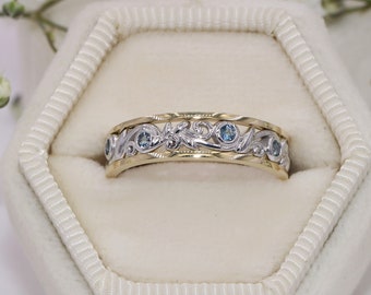 Leaf Filigree Pattern Scroll Vintage Pattern Wedding Eternity Ring Custom Made in 14k Mixed Solid Gold
