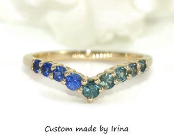 Flair Ombre Blue Green Natural Sapphires Cluster Wedding Ring