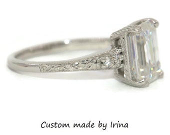 Hand Engraved 2 carat IGI Certified Lab Diamond Vintage Style Inspired Engagement Ring Custom Made