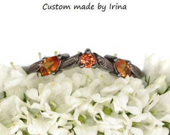 Gothic Engraved Black Leaves Wedding Band 14k Solid Gold Black Rhodium with Sunset Natural Sapphires