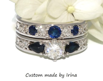 IGI 1 ct Lab Diamond and Natural Sapphires Lace Scroll Filigree Custom Made Ring 14k solid gold