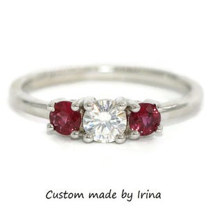 Three Stone Natural Diamond and Ruby Classic Elegant Ring